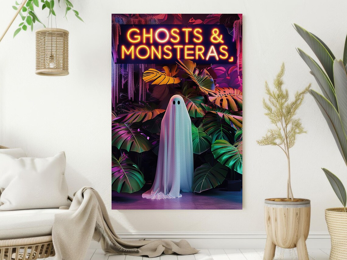 Ghosts and Monsteras Neon Sign Tropical Leaves Halloween Art Poster - Image 2