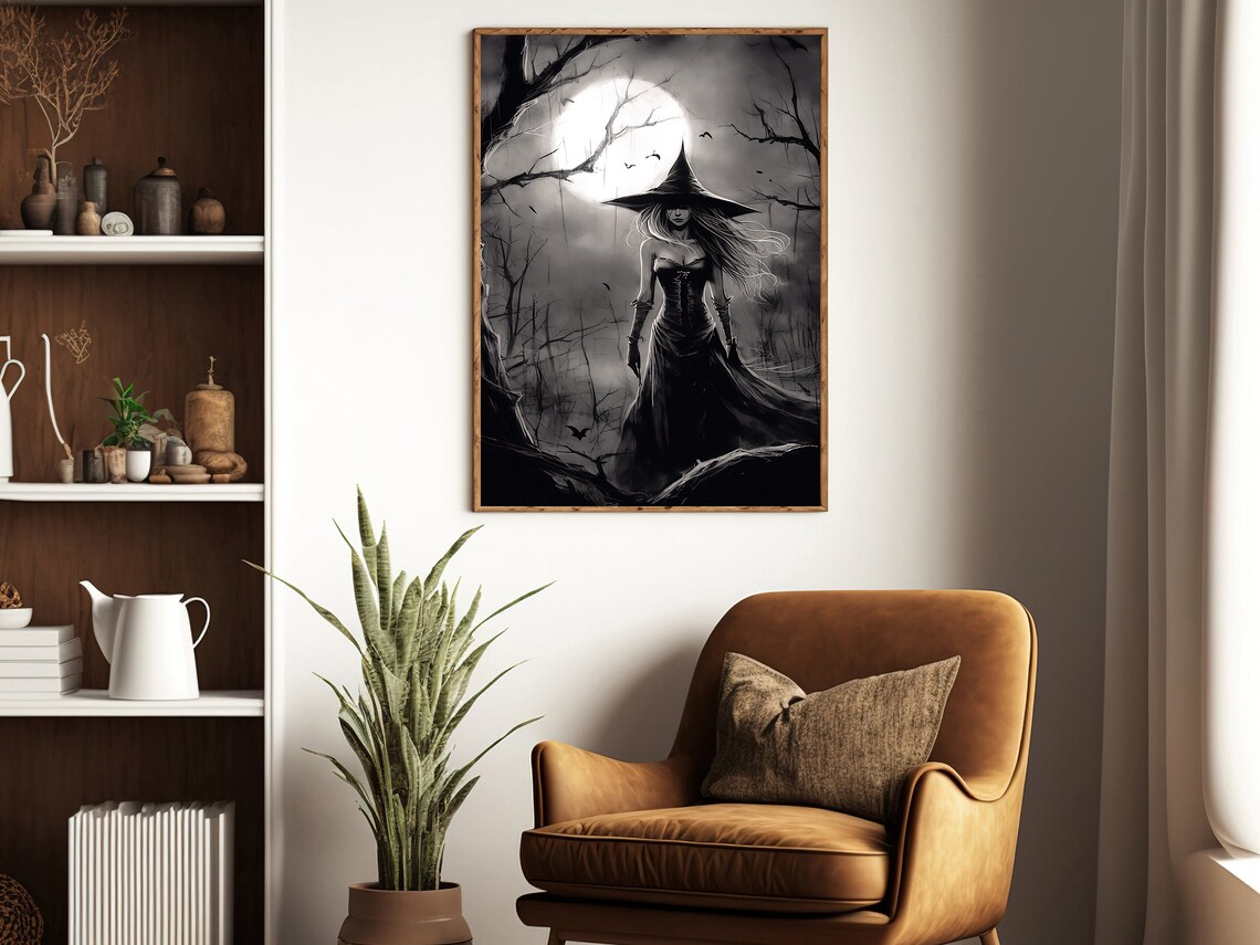 Witchy Woman Full Moon Night Black White Gothic Halloween Art Poster - Image 4