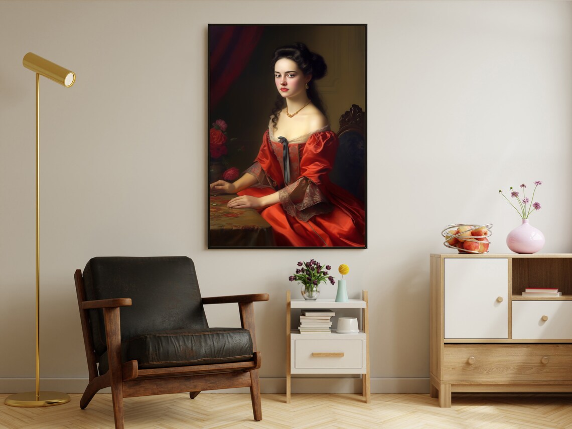 Victorian Woman Red Silk Dress Dark Moody Classic Oil Painting Art Poster - Image 2