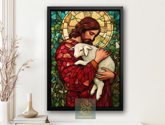 Jesus the Good Shepherd Holding Lamb Stained Glass Style Poster
