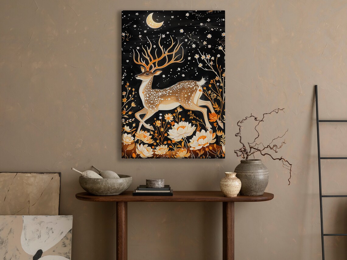 Leaping Stag Golden Antlers Crescent Moon Starry Night Botanical Art Poster - Image 2