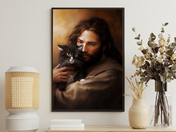 Jesus Christ Holding Black Kitten Warm Golden Christian Devotional Poster