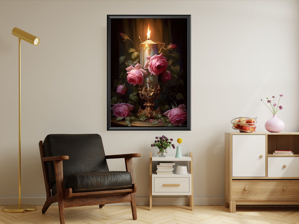 Single White Candle Pink Roses Gold Holder Dark Romantic Still Life Poster - Image 3