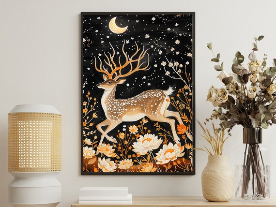 Leaping Stag Golden Antlers Crescent Moon Starry Night Botanical Art Poster
