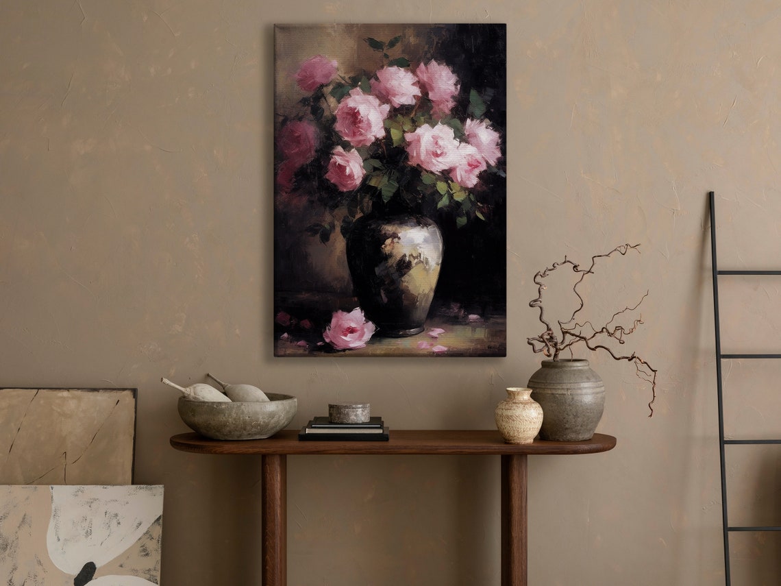 Impressionist Pink Roses Dark Vase Moody Still Life Floral Wall Art - Image 3