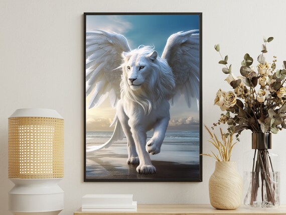Majestic White Winged Lion Walking On A Sunset Beach Fantasy Poster
