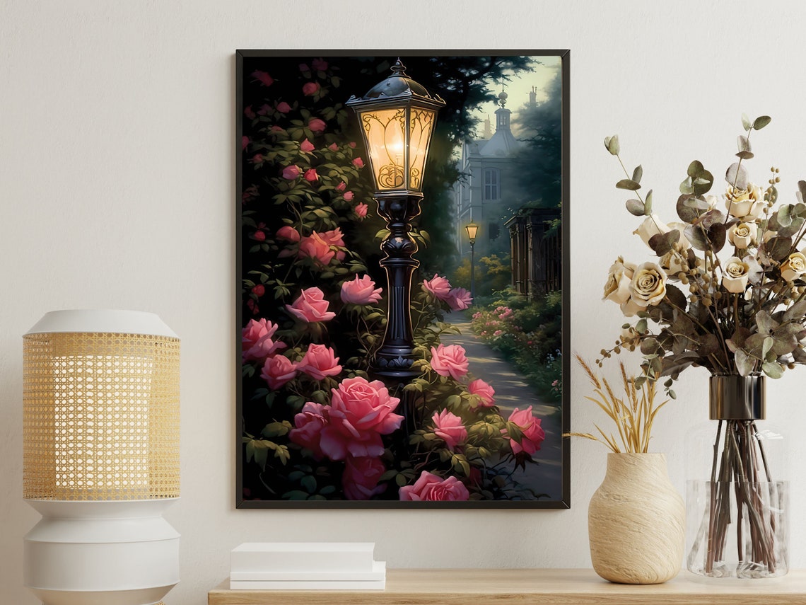 Glowing Victorian Lamppost Among Pink Roses At Dusk Garden Poster