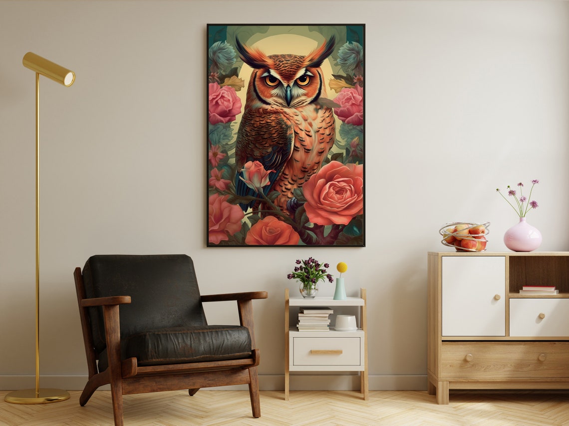 Vintage Floral Owl Painting Retro Owl Art Print Owl Print Bird Art Print Floral Animal Poster Print Wild Animal Art Print - Image 3