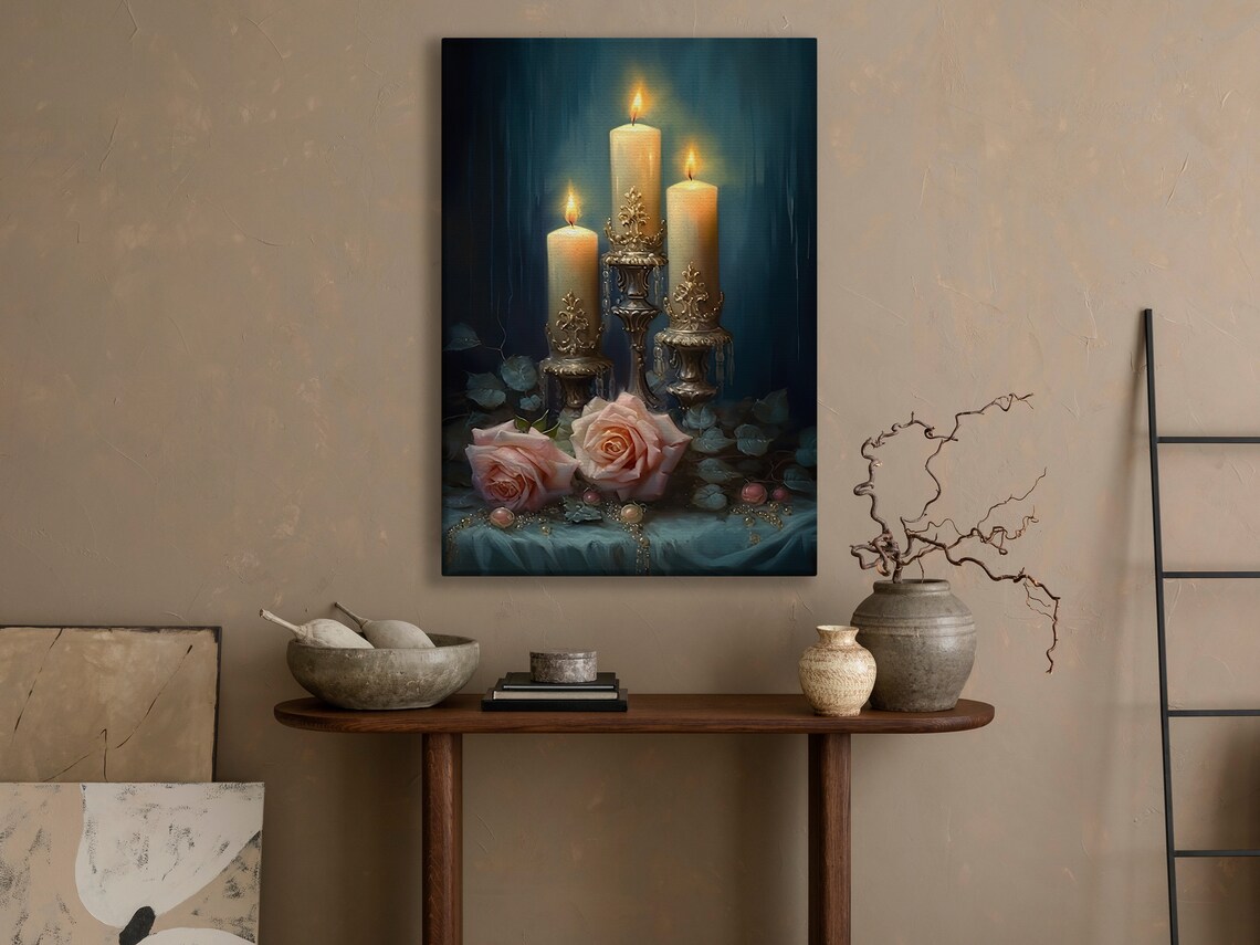 Three Candle Holders Blush Roses Teal Drapery Romantic Still Life Art Poster - Image 4