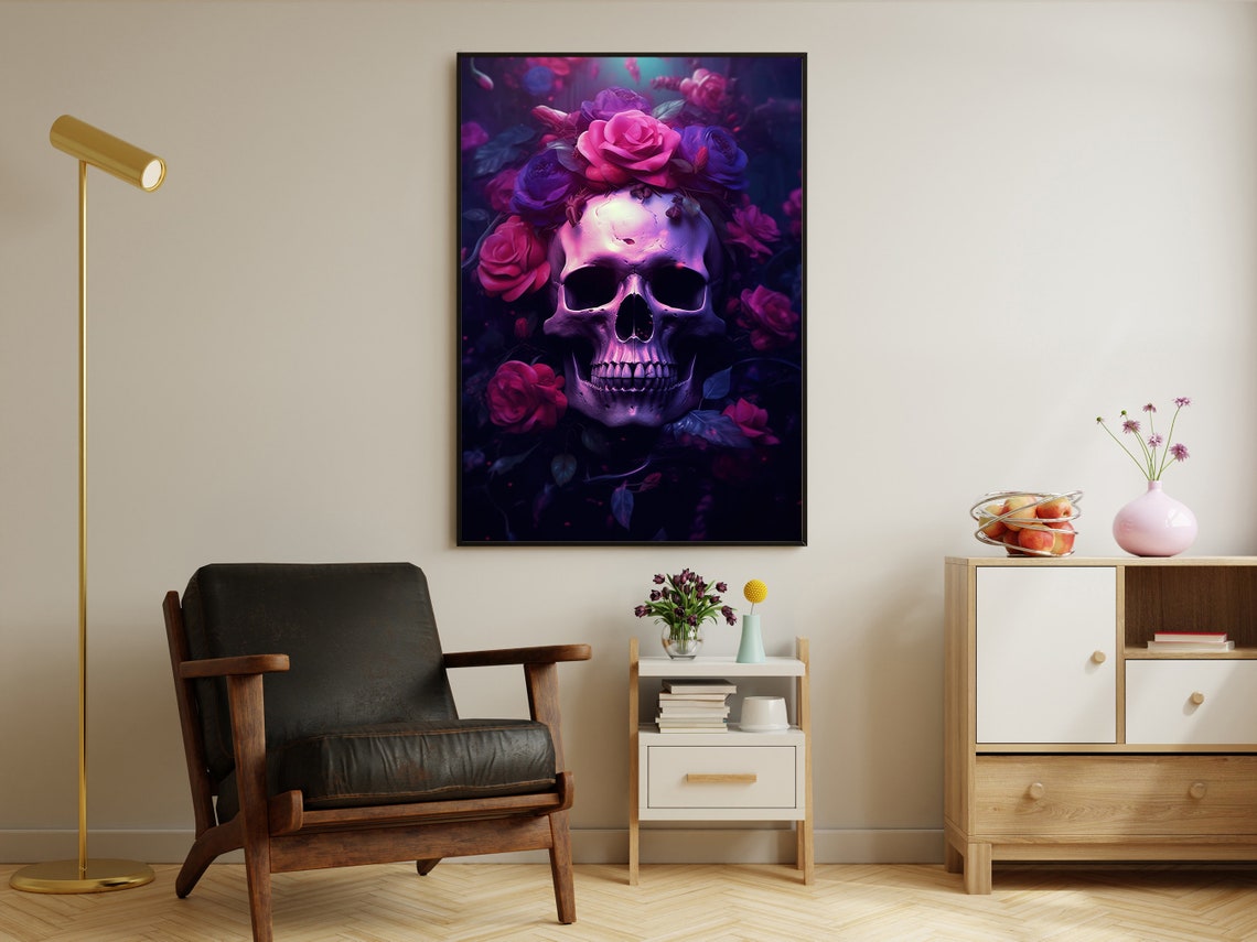 Neon Purple Skull Magenta Roses Dark Gothic Floral Art Poster - Image 2