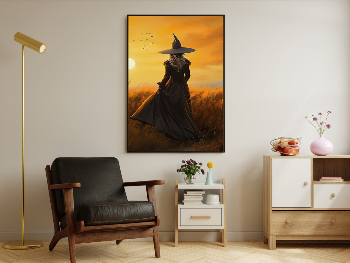 Witch In Golden Wheat Field At Sunset With Birds Flying Art Print - Image 2