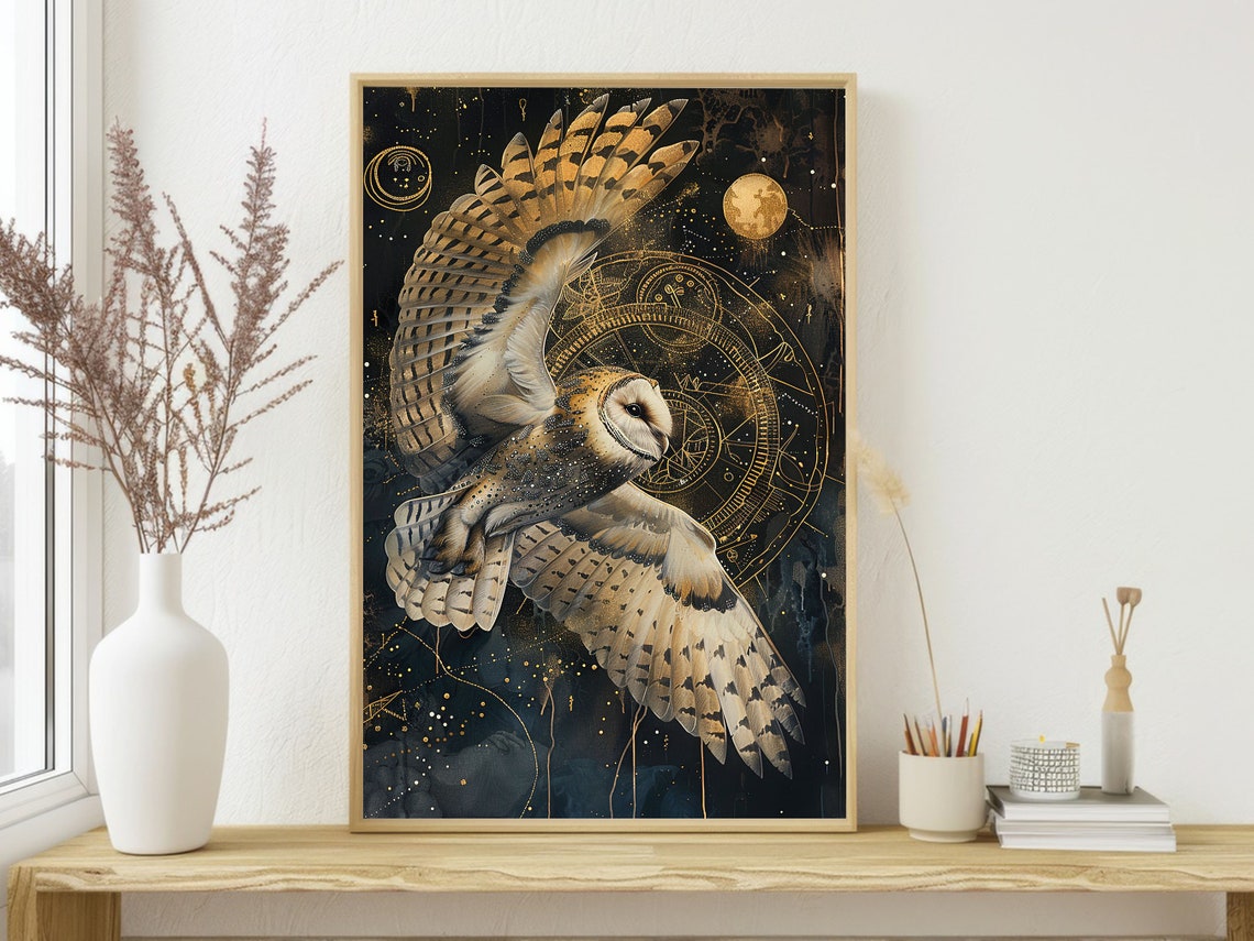 Barn Owl In Flight With Gold Constellations Dark Celestial Night Print - Image 3