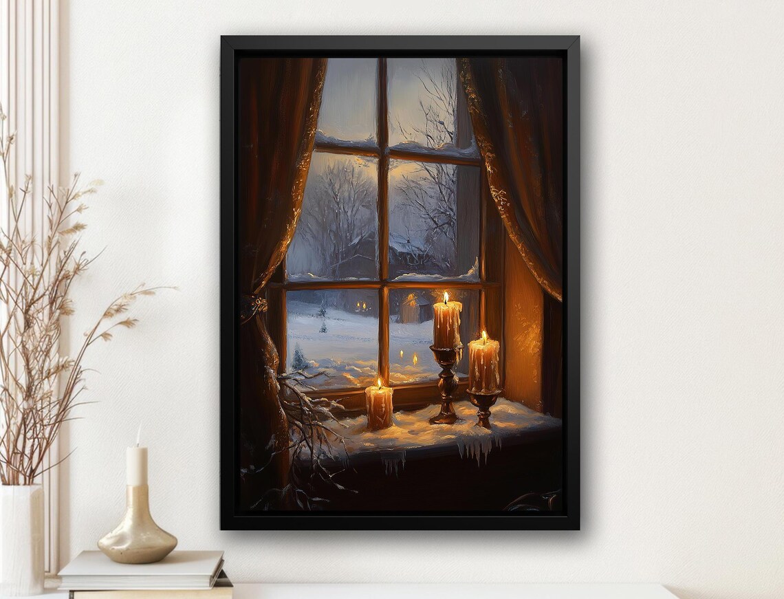 Vintage Cozy Winter Window, Holiday Poster for Winter Decor