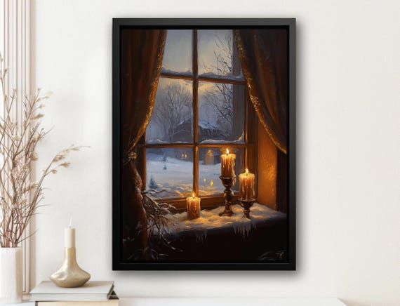 Vintage Cozy Winter Window, Holiday Poster for Winter Decor