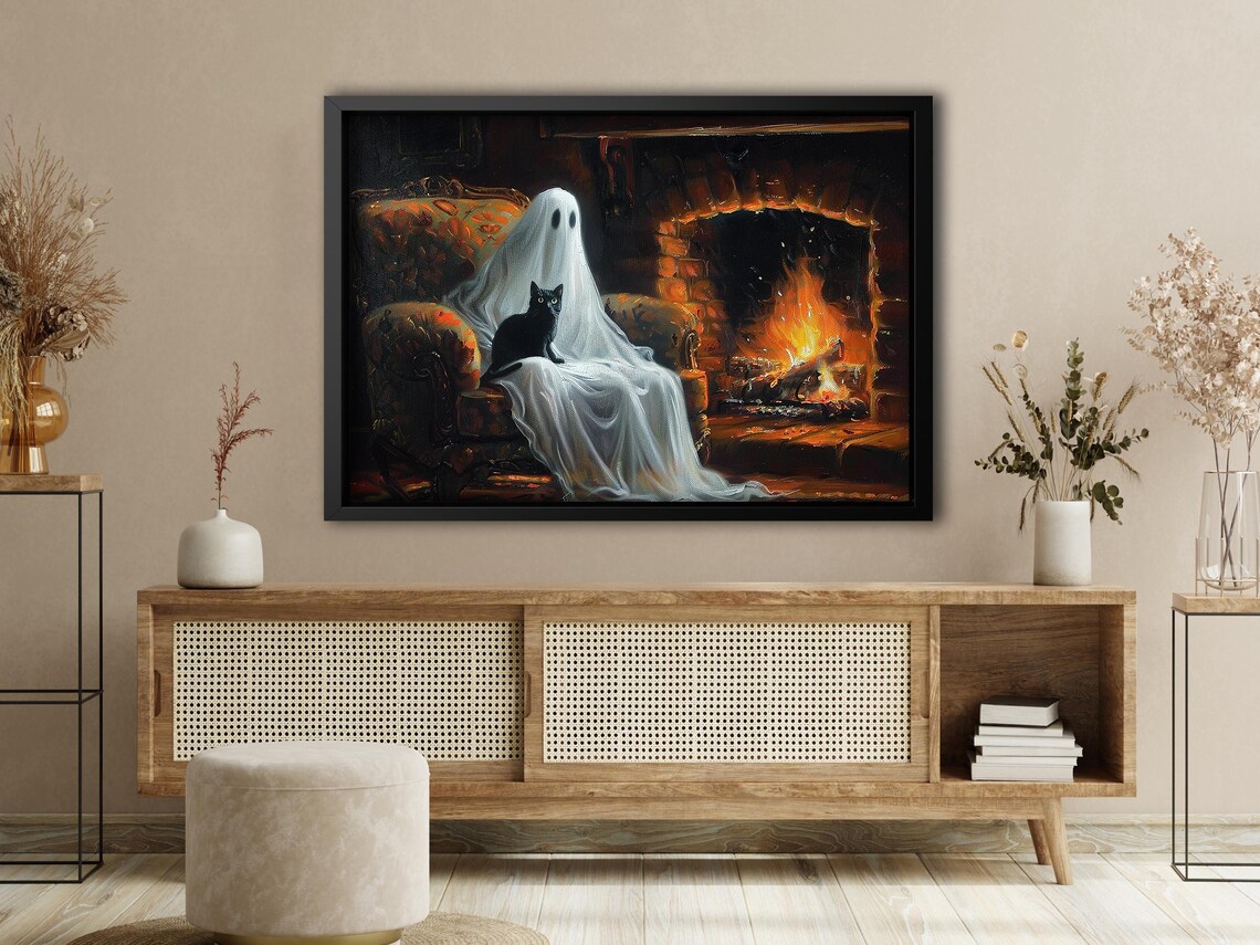 Ghost Relaxing in Armchair by Fireplace with Black Cat Cozy Halloween Poster - Image 4