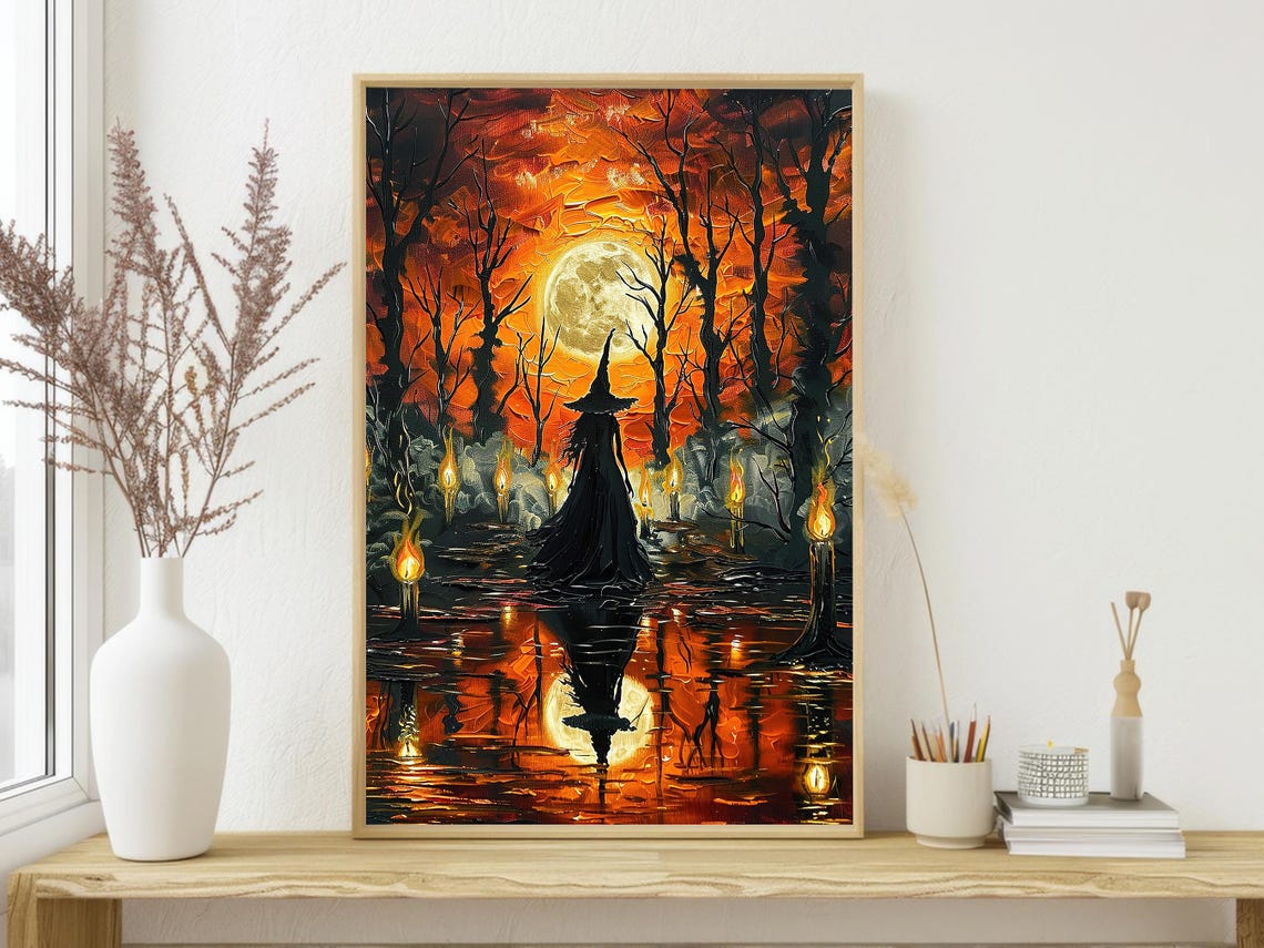 Witch Silhouette in Moonlit Water with Candles Fiery Night Art Poster - Image 4