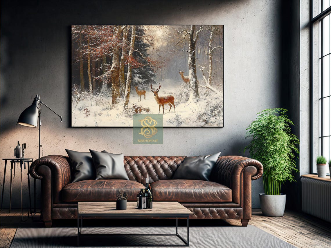 Three Deer In Snowy Winter Forest Vintage Wildlife Scene Print - Image 2