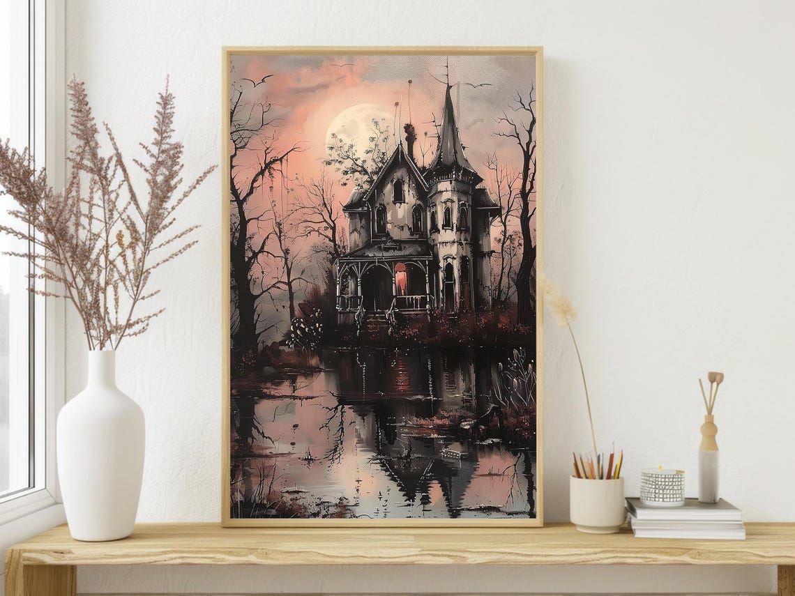 Haunted Victorian Mansion by Moonlit Lake Spooky Pink Sky Art Poster - Image 4