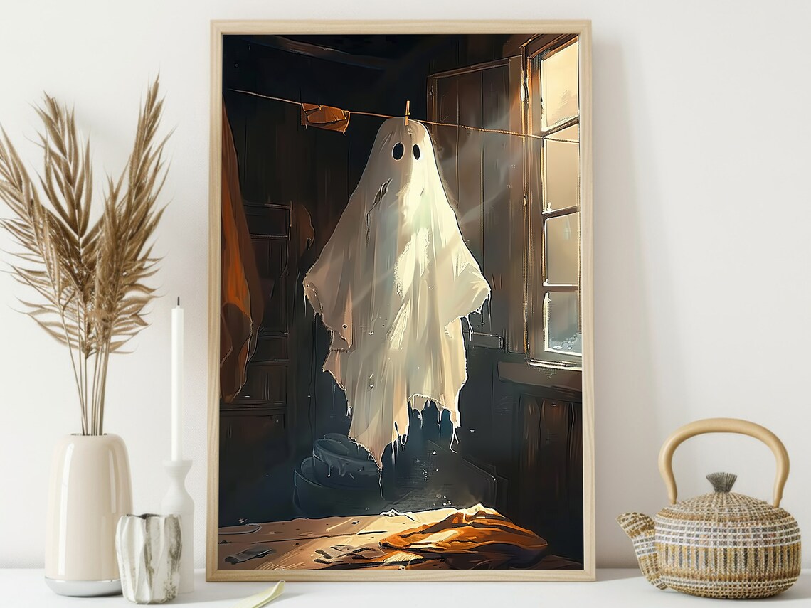 Ghost on Clothesline Sunlit Cabin Warm Vintage Halloween Wall Poster - Image 4