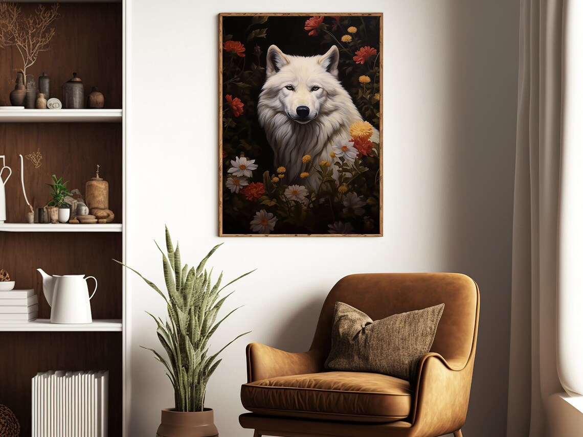 White Wolf Wildflowers Dark Background Vintage Animal Oil Painting Print - Image 3
