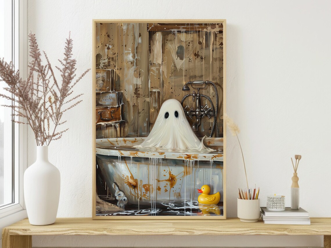 Cute Ghost in Vintage Bathtub Rubber Duck Bathroom Halloween Poster - Image 3