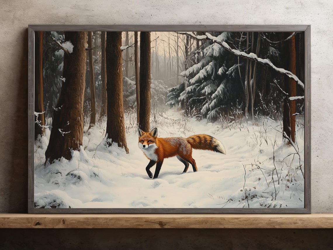Red Fox Snowy Forest Winter Wildlife Realistic Painting Wall Art