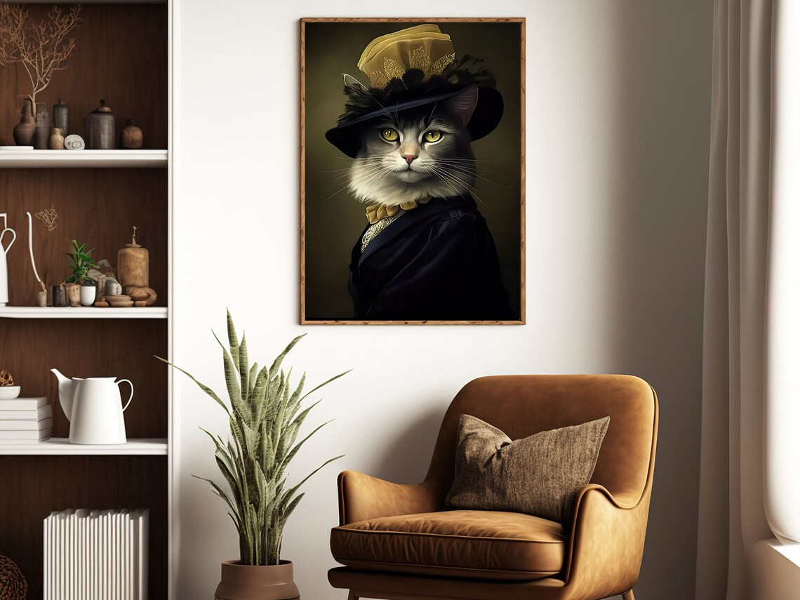 Elegant Gray Cat Lady In Black Feather Hat Vintage Animal Portrait Poster - Image 2