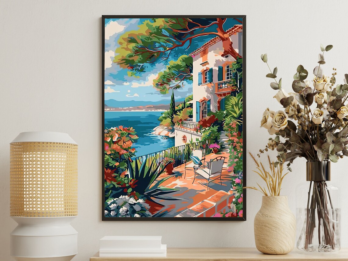Mediterranean Villa Terrace Overlooking Sparkling Blue Sea Coast Art Print
