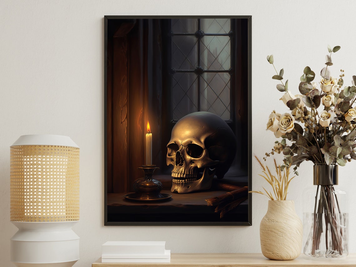 Dark Magic Skull By Candlelight Near An Old Window Gothic Poster