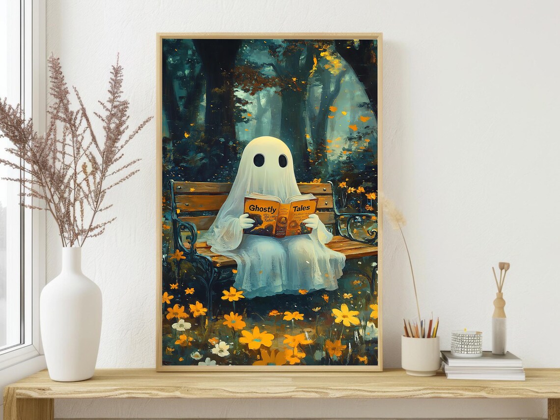 Vintage Ghost Reading Book Halloween Art Print - Image 4