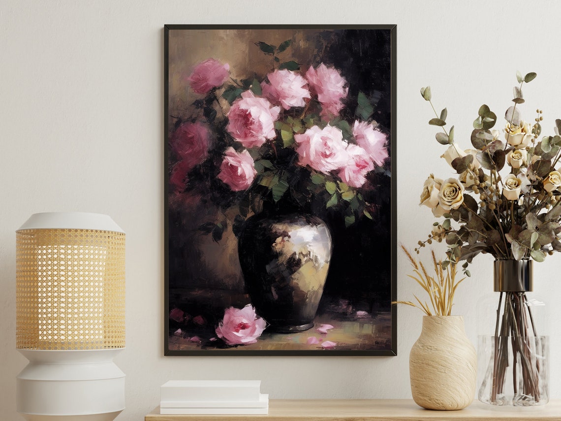 Impressionist Pink Roses Dark Vase Moody Still Life Floral Wall Art