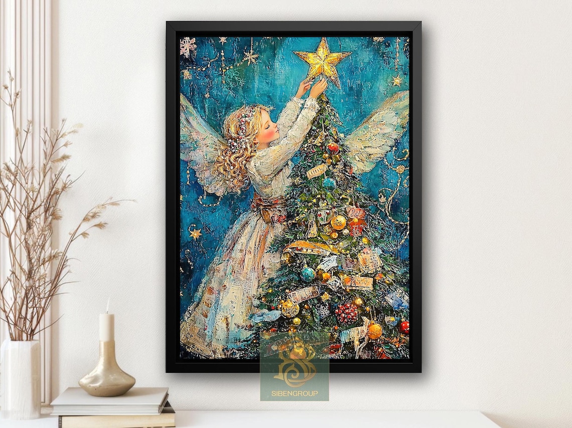 Little Angel Placing Gold Star on Christmas Tree Blue Night Poster