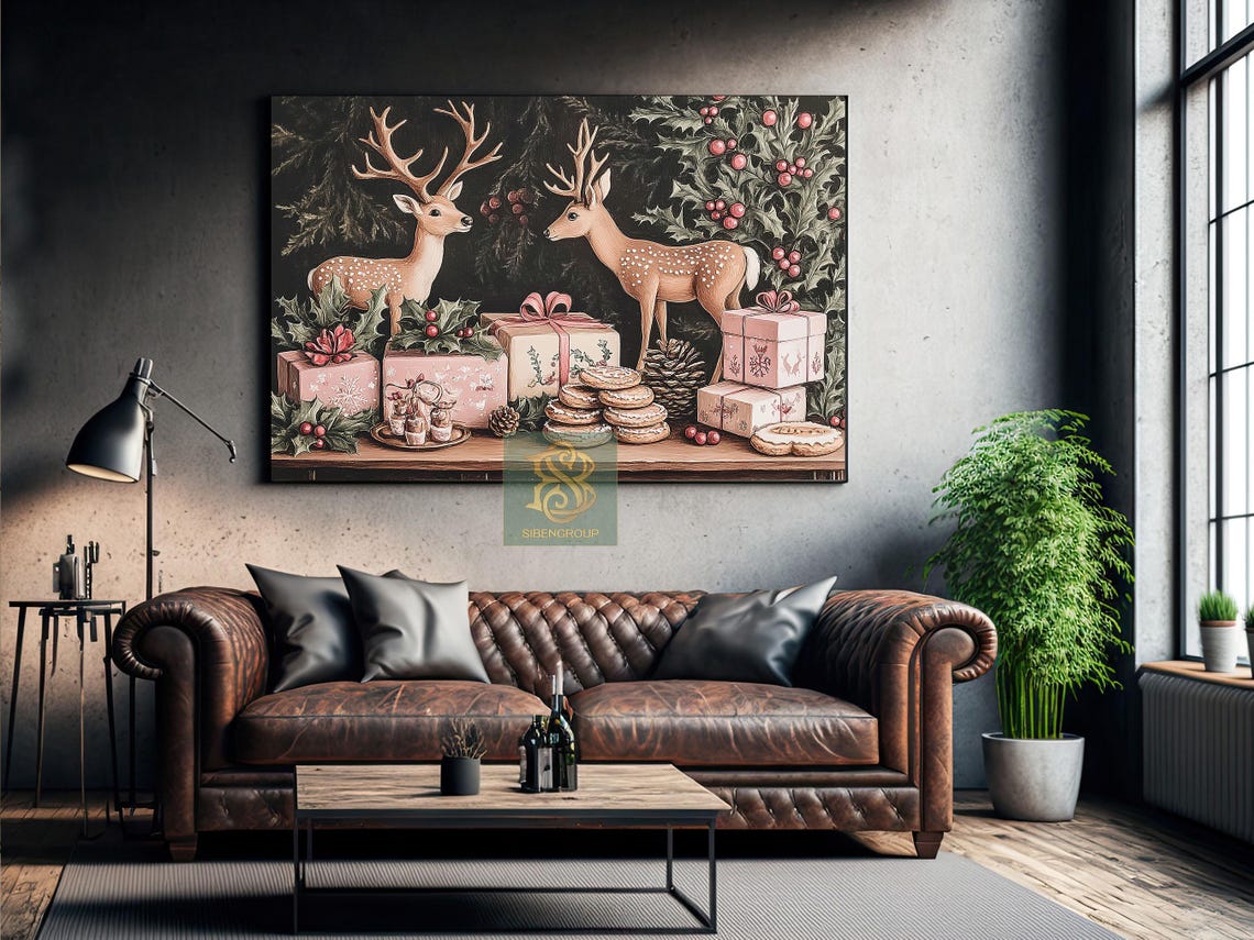 Two Spotted Deer With Christmas Gifts Cookies and Pinecones Poster - Image 3