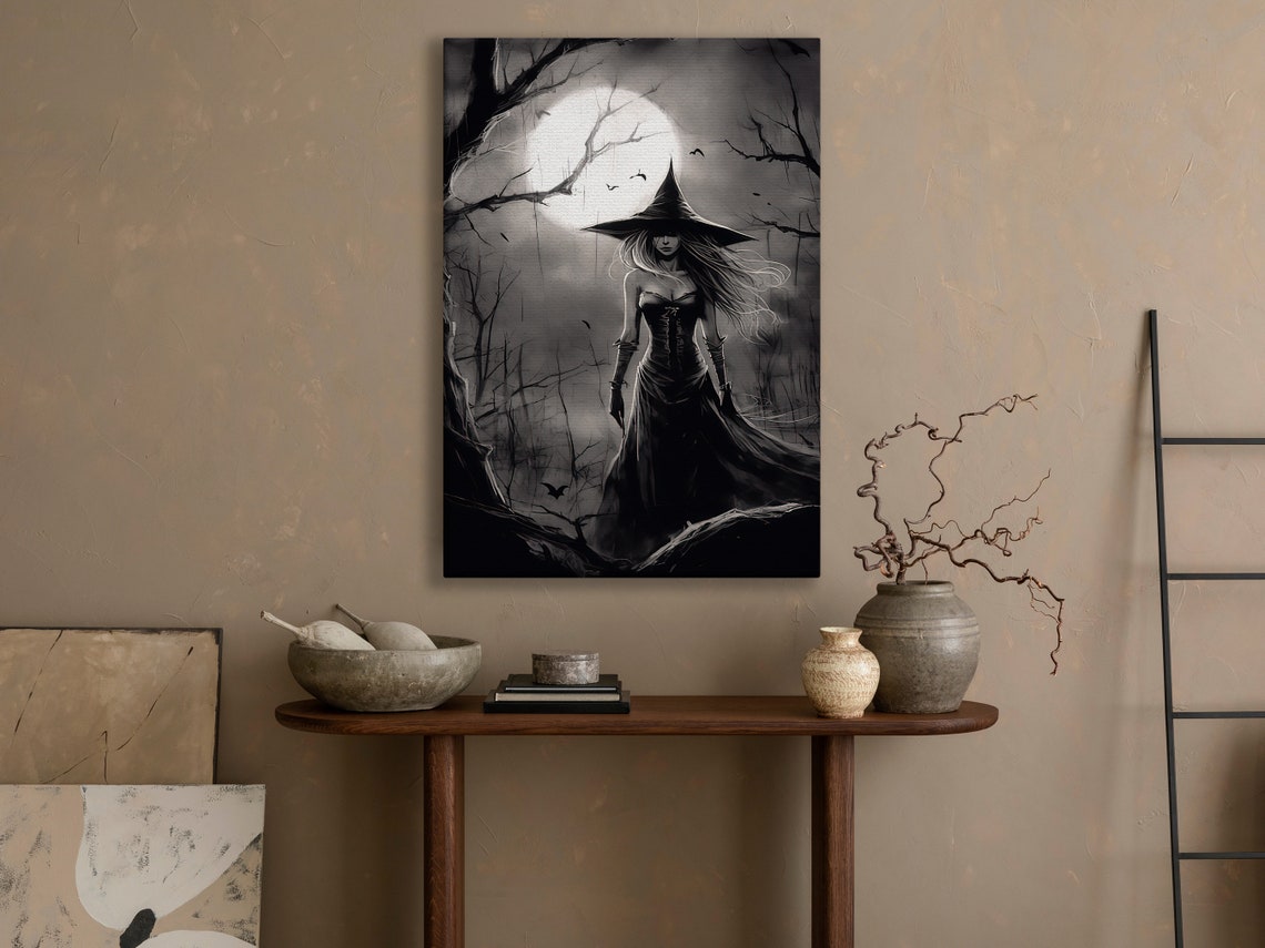 Witchy Woman Full Moon Night Black White Gothic Halloween Art Poster - Image 2