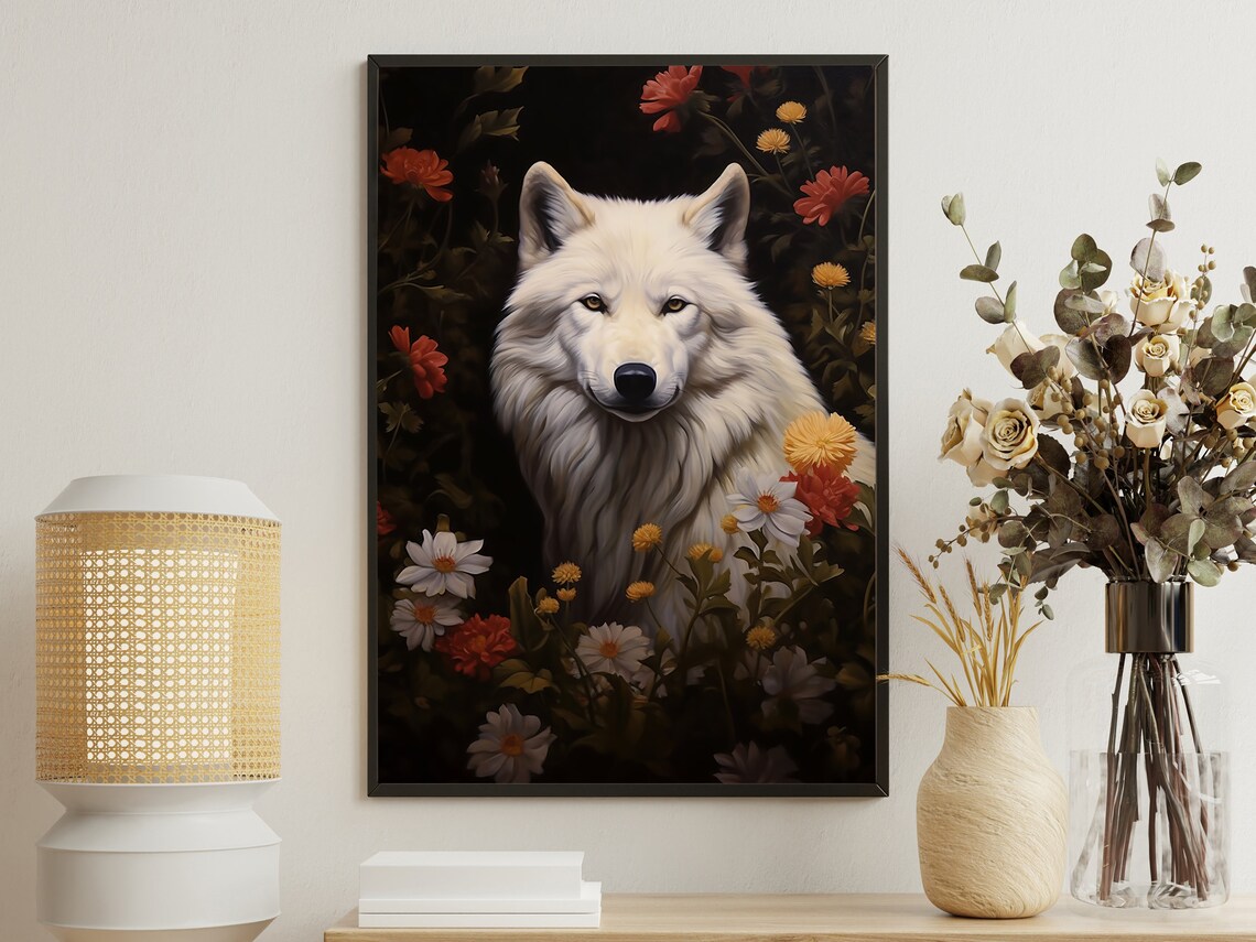 White Wolf Wildflowers Dark Background Vintage Animal Oil Painting Print