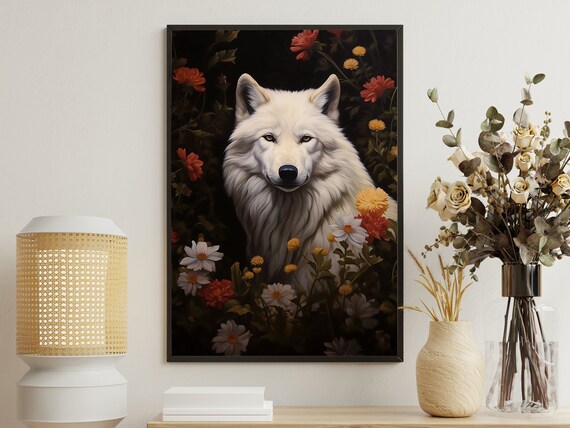 White Wolf Wildflowers Dark Background Vintage Animal Oil Painting Print
