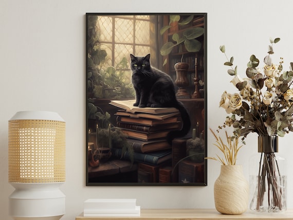Cozy Black Cat Sitting On Old Books By A Library Window Poster