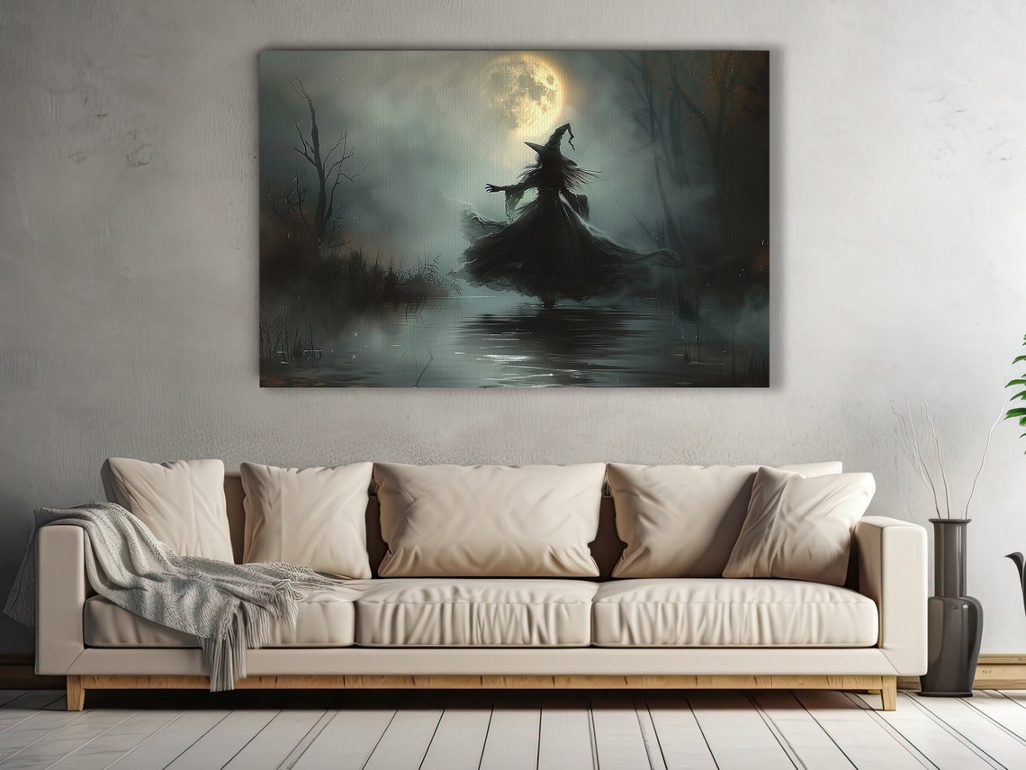 Mystical Witch Dancing Under Full Moon In Misty Marsh Halloween Print - Image 2
