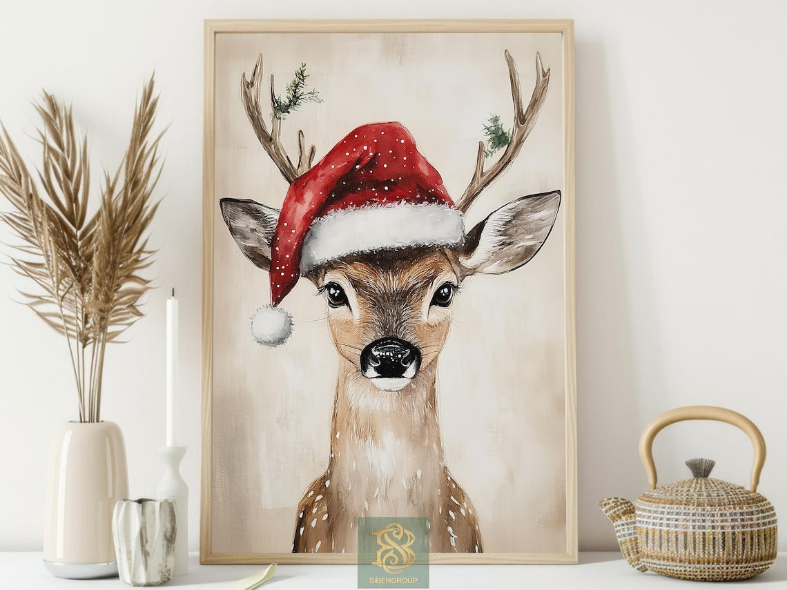 Baby Deer Wearing Santa Hat With Pine Sprigs Watercolor Art Print - Image 3