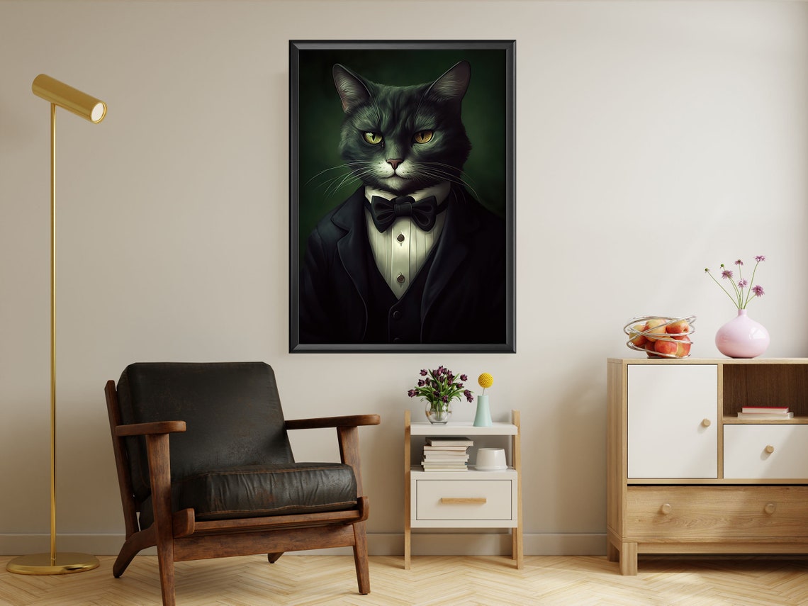 Dapper Black Cat In Tuxedo And Bow Tie Formal Portrait Wall Art - Image 3
