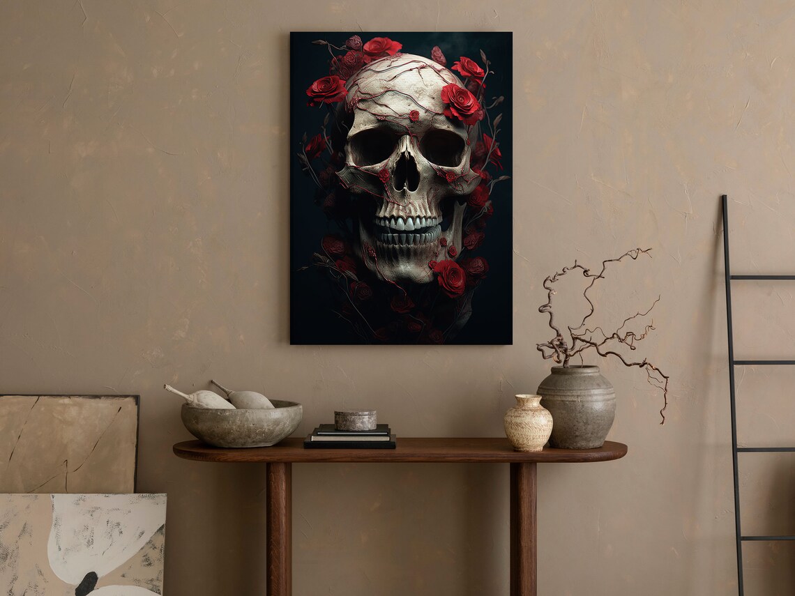 Human Skull Entwined With Red Roses Dark Floral Gothic Vintage Memento Poster - Image 2