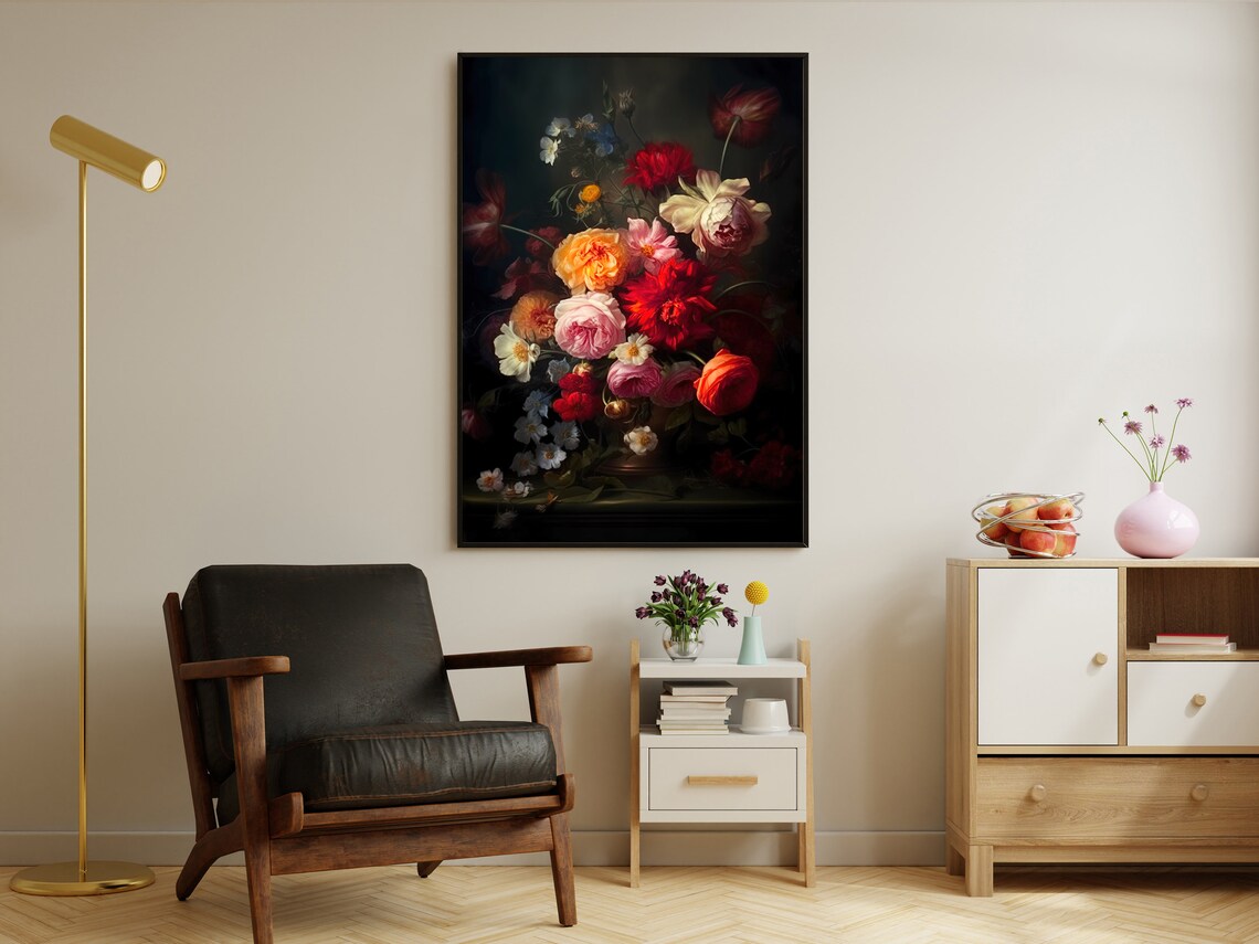 Moody Dutch Master Style Floral Still Life With Red Roses Print - Image 4
