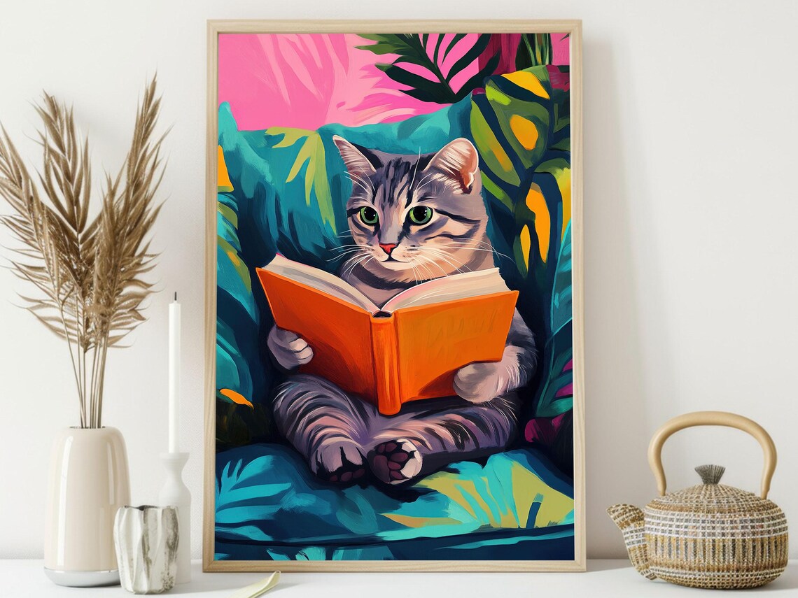 Matisse-Inspired Cat Reading, Tropical Cat Print - Image 3