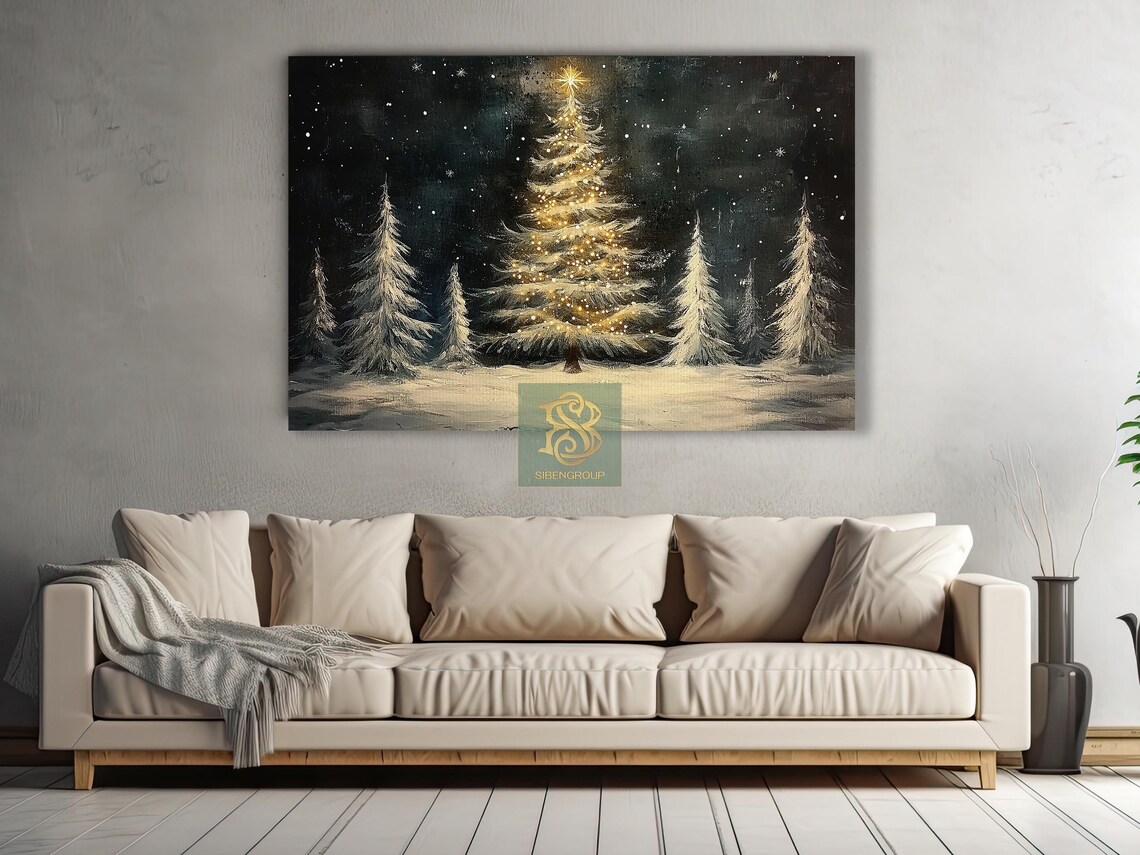 Vintage Christmas Tree Painting, Holiday Wall Art - Image 3