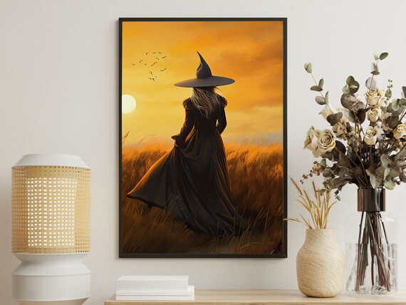 Witch In Golden Wheat Field At Sunset With Birds Flying Art Print
