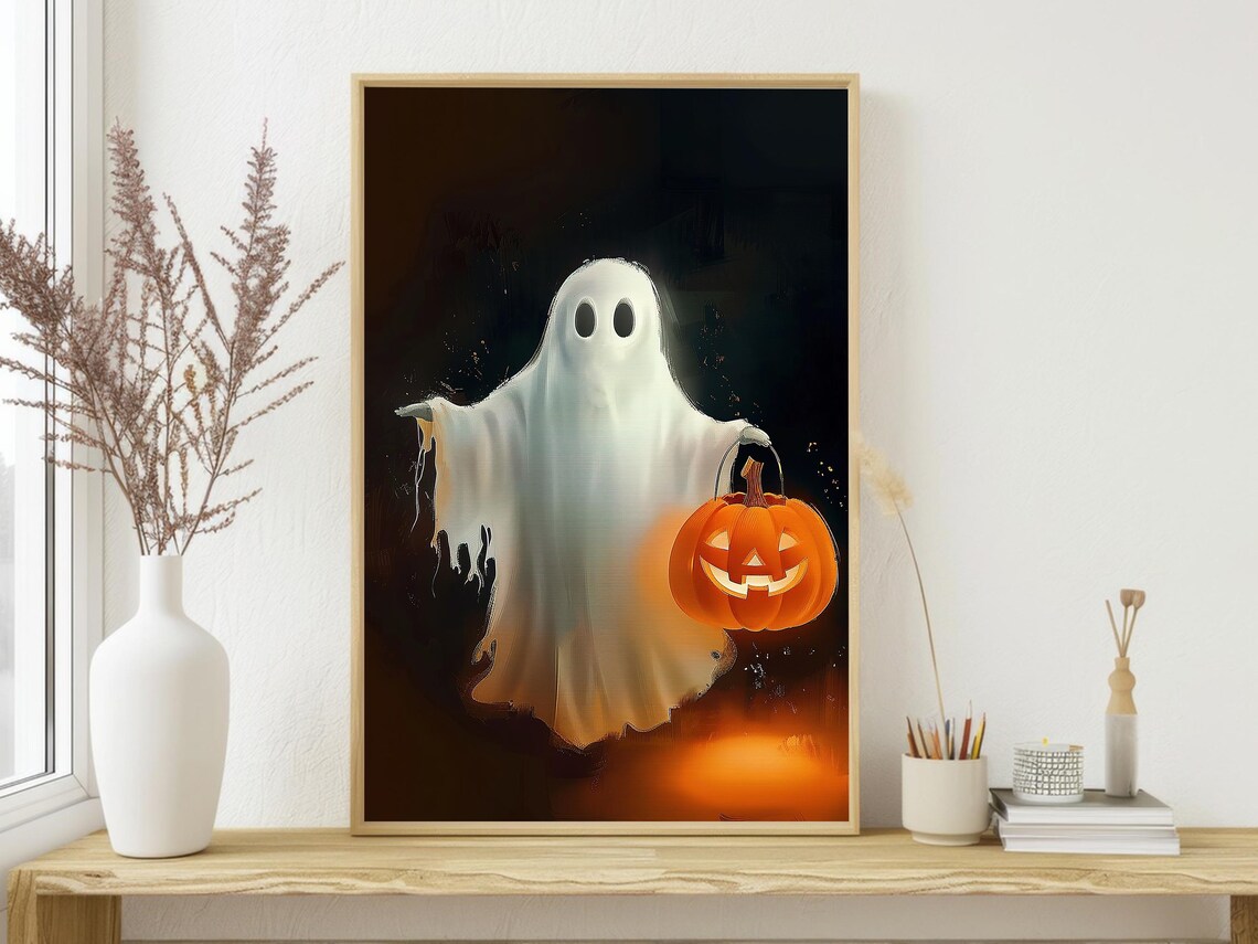 Cute Ghost Holding Glowing Jack O Lantern Pumpkin Bucket Halloween Poster - Image 3