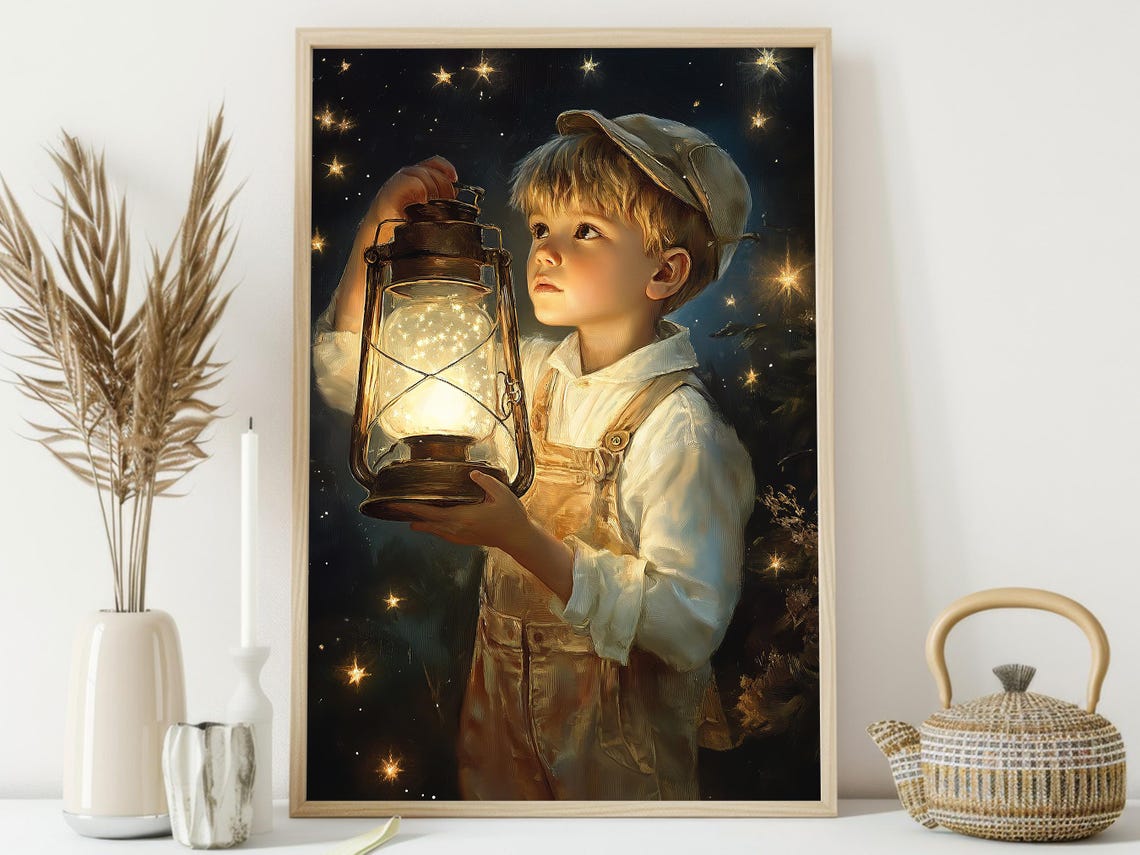 Vintage Boy Lantern Starry Night Fireflies Warm Christmas Wall Art