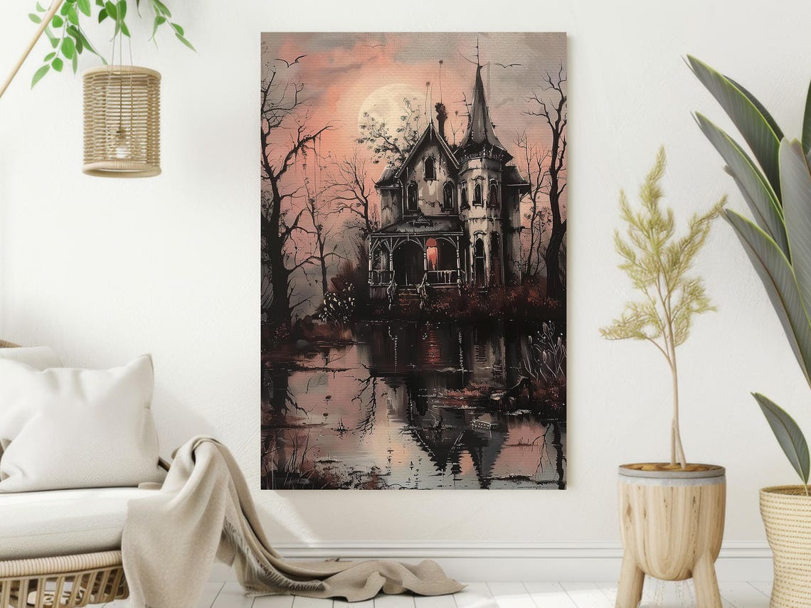 Haunted Victorian Mansion by Moonlit Lake Spooky Pink Sky Art Poster - Image 2
