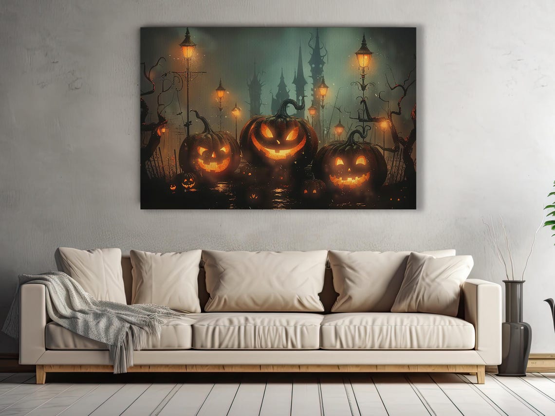 Glowing Jack O Lanterns on Misty Lamplit Street Haunted Night Poster - Image 3