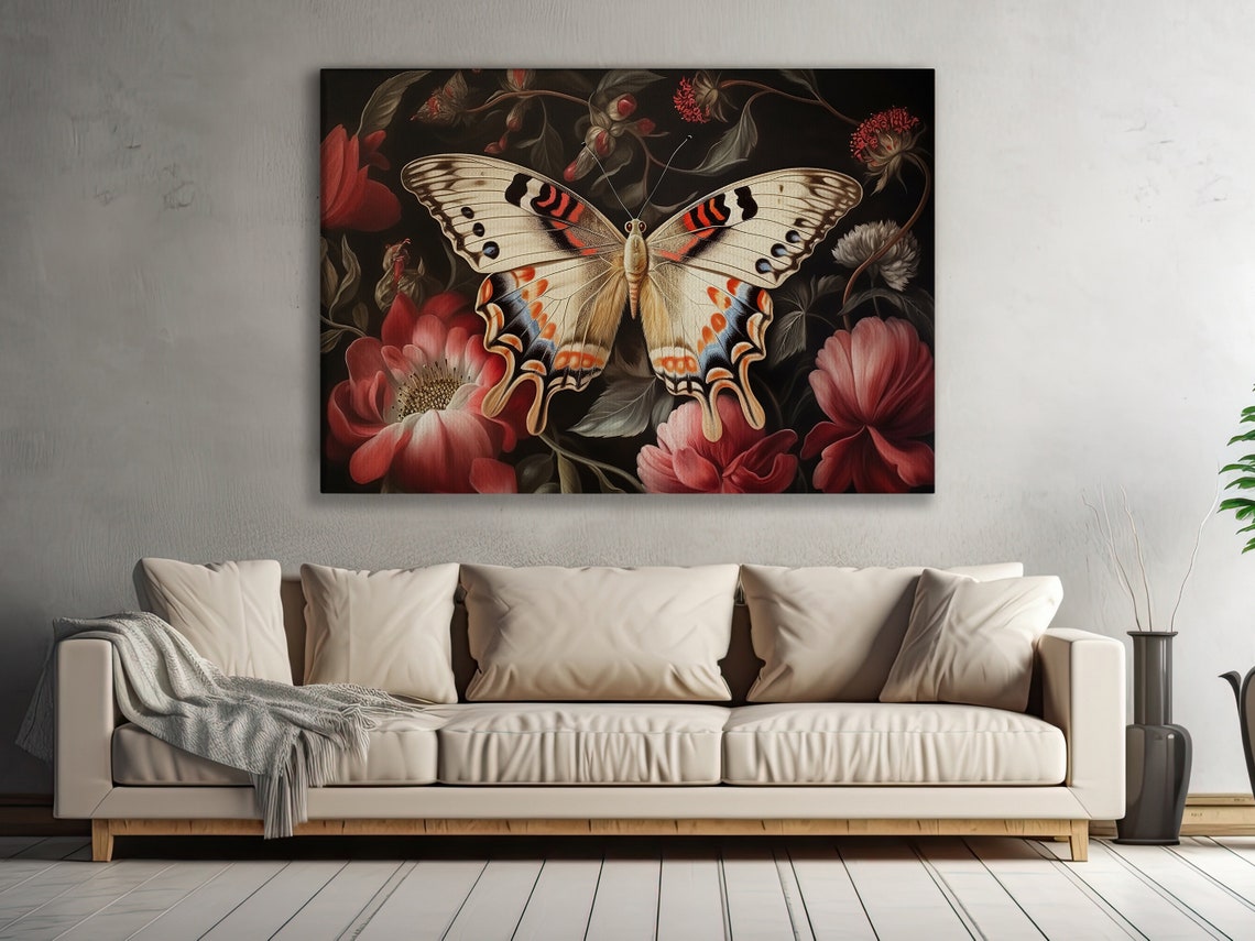 Cottage Butterfly Painting Vintage Flowers Art Print Butterfly Print Flowers Wall Art Botanical Art Print Flowers Poster Print - Image 3